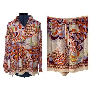 Zara Womens 2 Pc Set Retro Psychedelic Satin Shirt Shorts Orange Purple XL NEW
